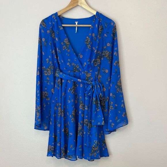 Free People Lilou Printed Mini Dress Fairy Boho Bell Sleeve Cobalt Blue Small - Picture 3 of 12